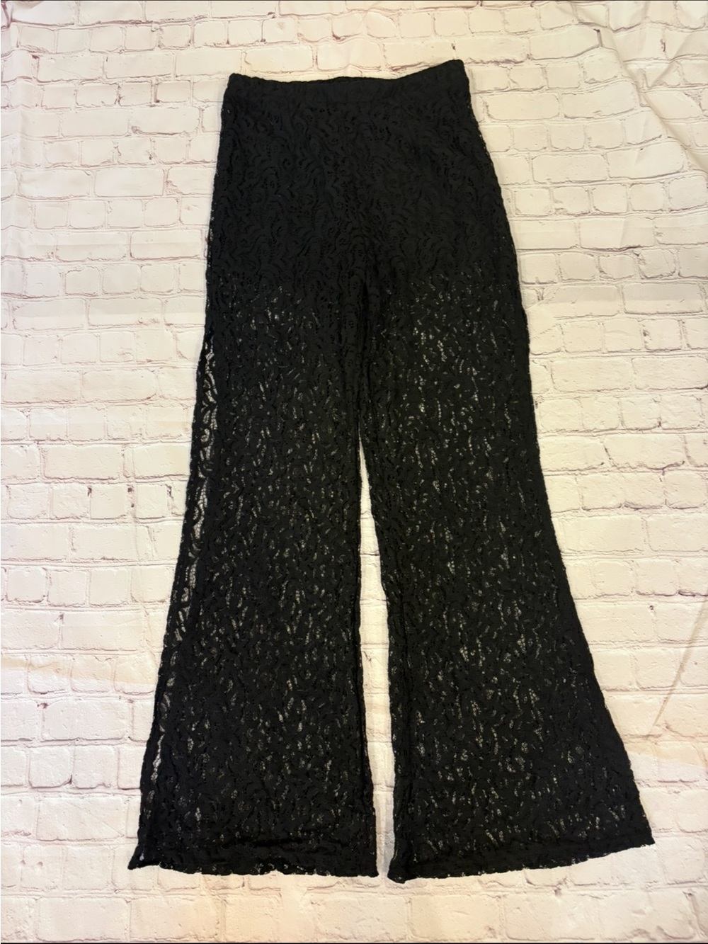 Black Lace Wide-Leg Pants with High Waist